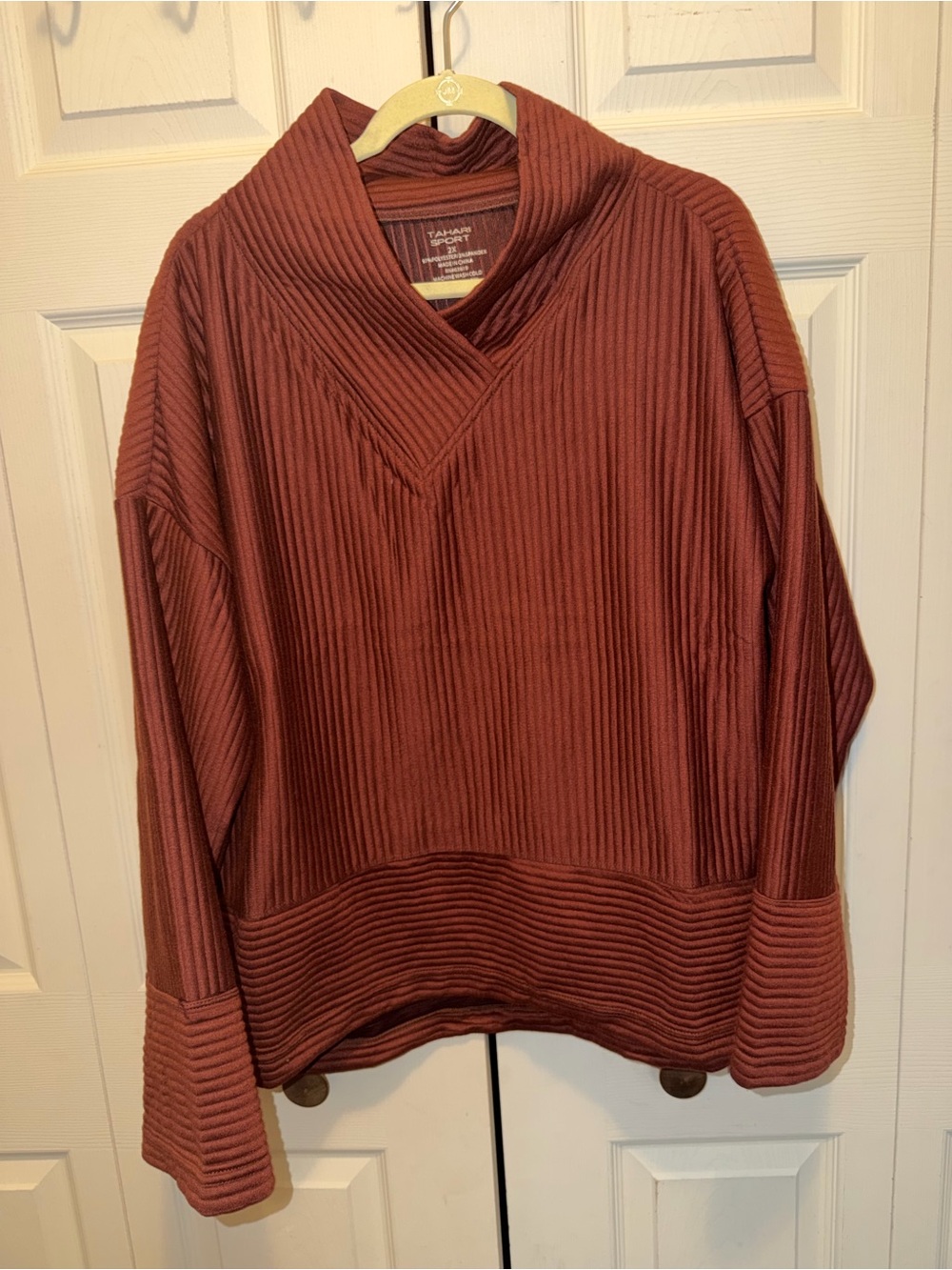 Tahari Sport Ribbed Cowl Neck Sweater in Rust - Picture 2 of 4